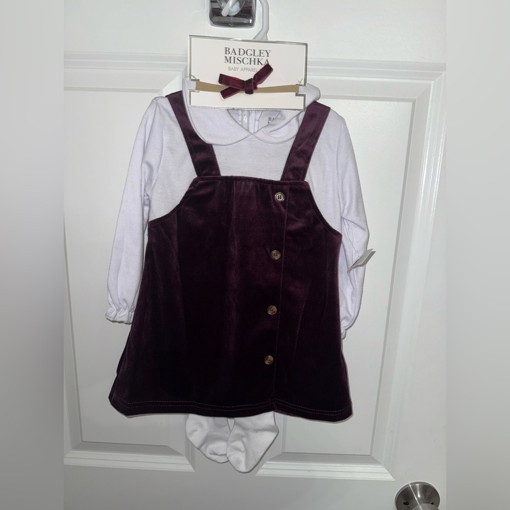 Badgley Mischka Burgundy and White Baby Dress Set